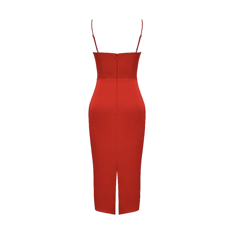 Luxury Square Neck Spaghetti Strap Satin Slip Midi Dress - Red