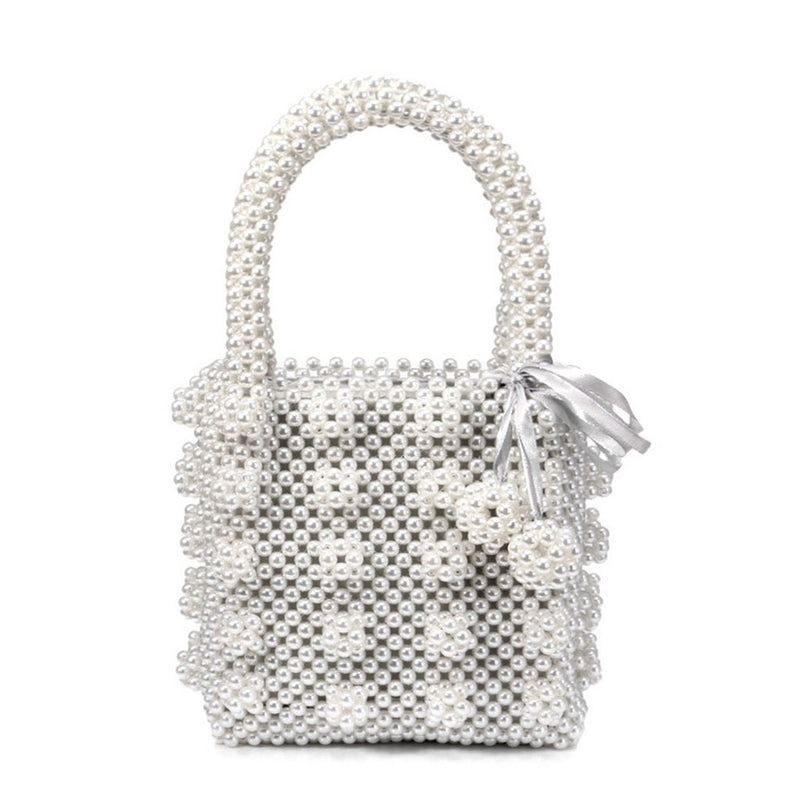 Luxury Square Top Handle Cluster Pearl Bucket Clutch Bag - White