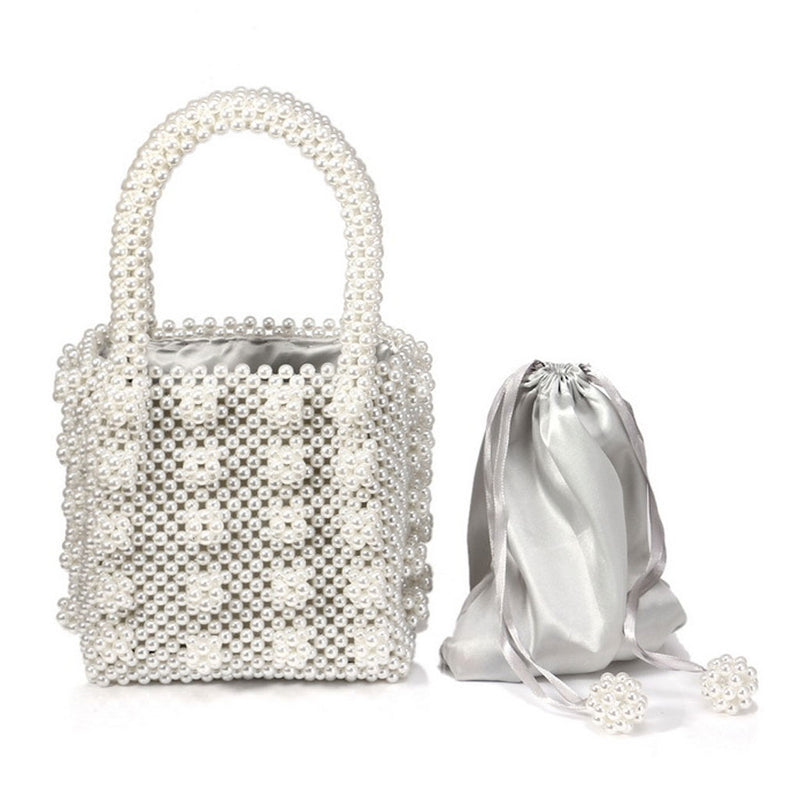 Luxury Square Top Handle Cluster Pearl Bucket Clutch Bag - White