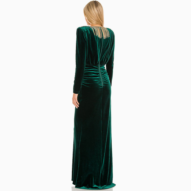 Luxury Velvet Fringe Deep V High Slit Maxi Evening Dress - Emerald Green