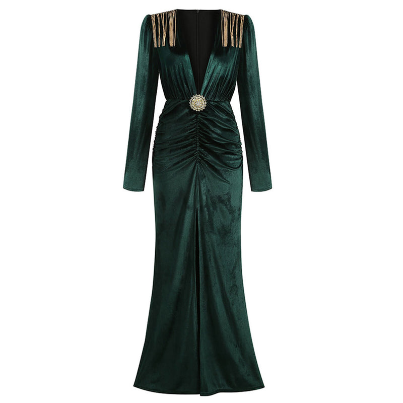 Luxury Velvet Fringe Deep V High Slit Maxi Evening Dress - Emerald Green