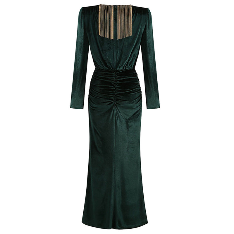 Luxury Velvet Fringe Deep V High Slit Maxi Evening Dress - Emerald Green