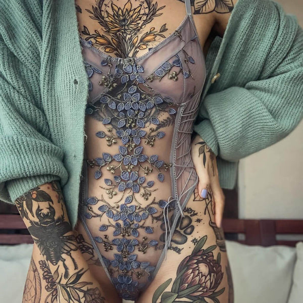 Mesh Flower Embroidery Crisscross Strappy Lingerie Bodysuit - Gray