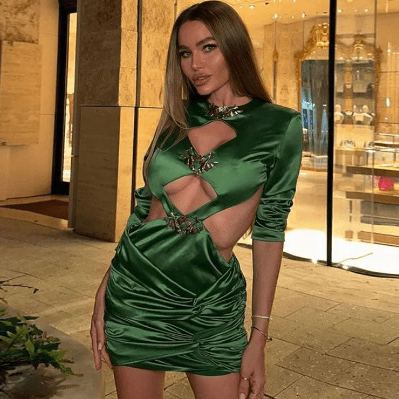Metal Bird Detail Long Sleeve Cutout Ruched Bodycon Mini Satin Dress - Green