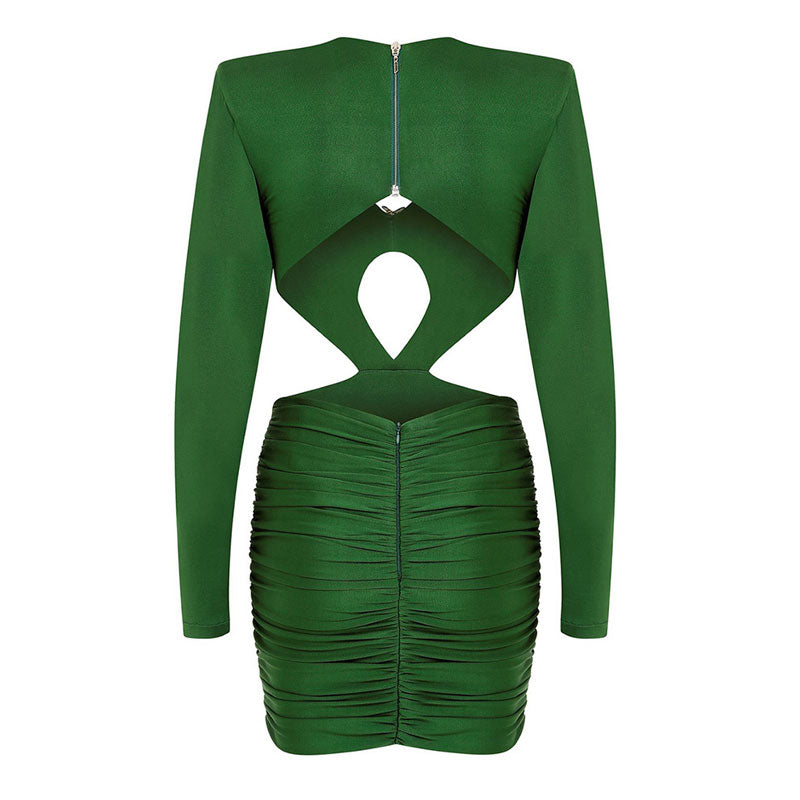 Metal Bird Detail Long Sleeve Cutout Ruched Bodycon Mini Satin Dress - Green