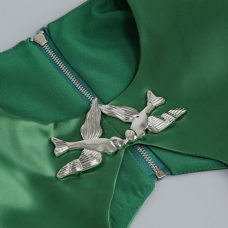 Metal Bird Detail Long Sleeve Cutout Ruched Bodycon Mini Satin Dress - Green