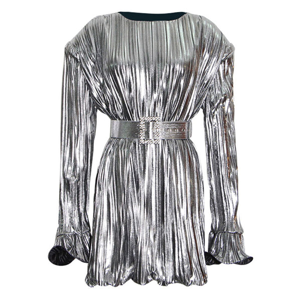Metallic Belted Shoulder Pad Round Neck Long Sleeve Pleated Mini Dress
