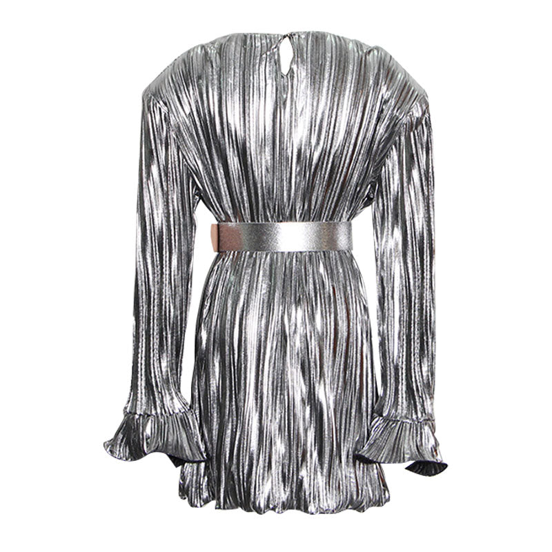 Metallic Belted Shoulder Pad Round Neck Long Sleeve Pleated Mini Dress