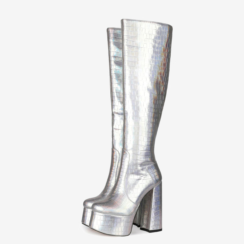 Metallic Croc Effect Knee High Platform Block Heel Boots - Silver