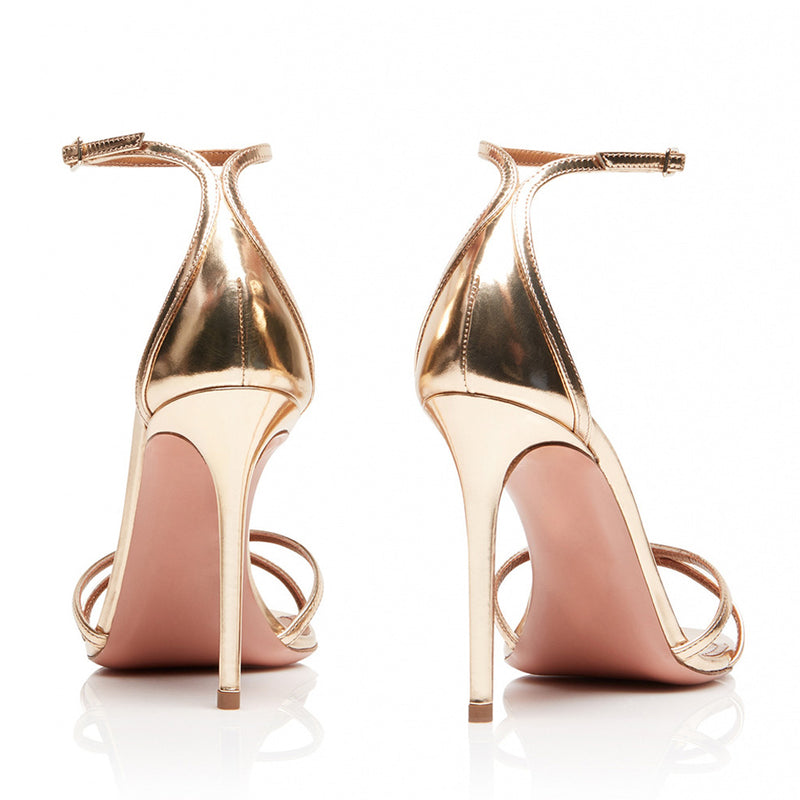 Metallic Cross Strap High Heel Leather Sandals - Gold