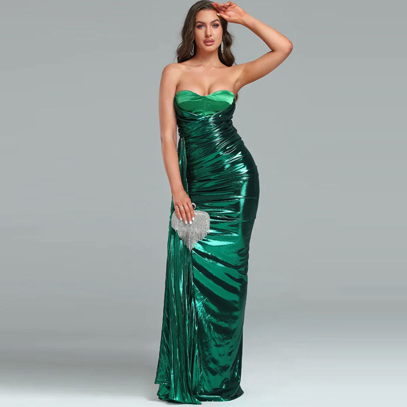 Metallic Draped Pleated Sweetheart Bustier Ruched Maxi Evening Dress - Green