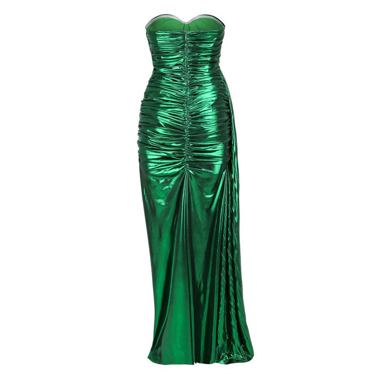 Metallic Draped Pleated Sweetheart Bustier Ruched Maxi Evening Dress - Green