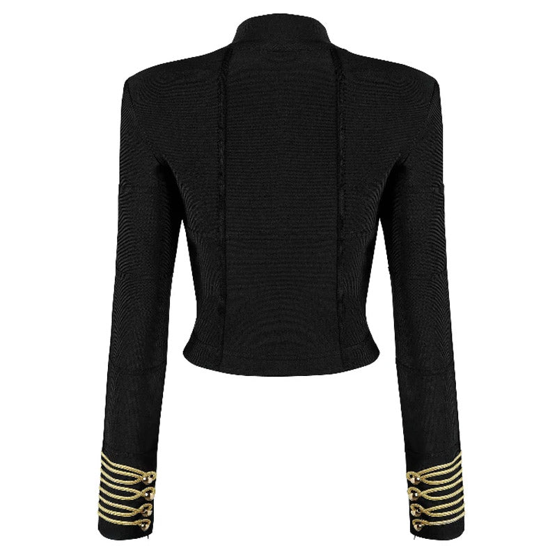 Metallic Embroidery High Neck Zip Front Bandage Crop Jacket - Black