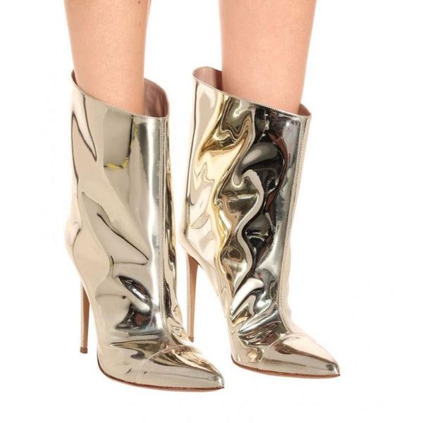 Metallic Patent Leather Pointed Toe Stiletto Ankle Boots - Gold