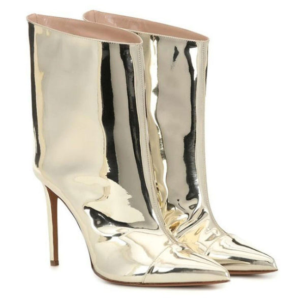 Metallic Patent Leather Pointed Toe Stiletto Ankle Boots - Gold