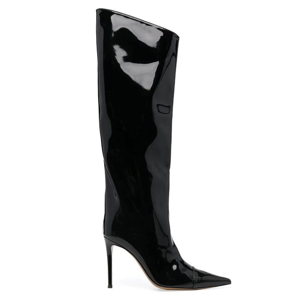 Metallic Pointed Toe Patent Leather Knee High Stiletto Boots - Black