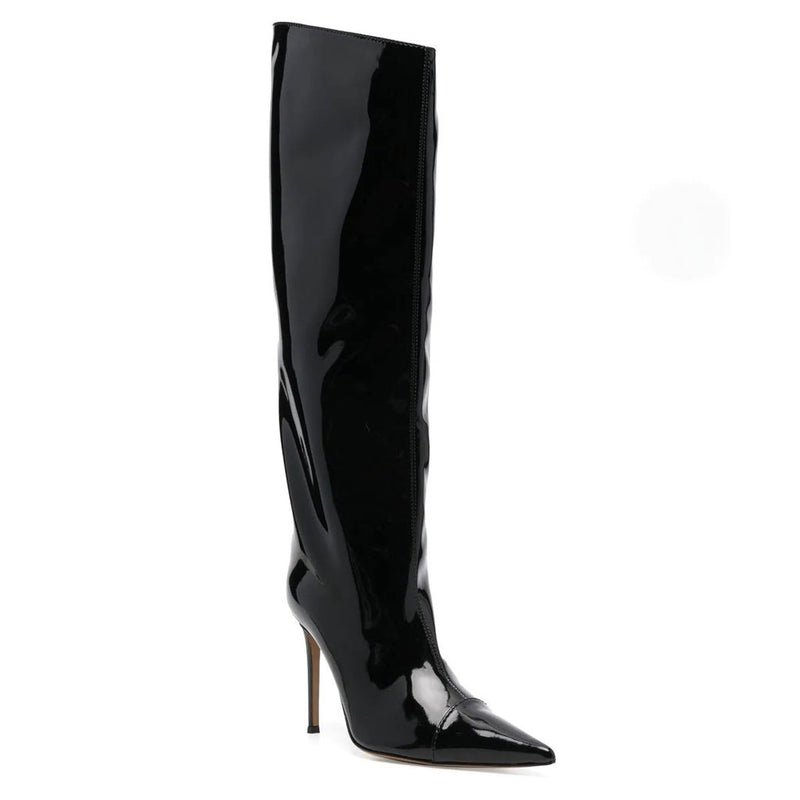 Metallic Pointed Toe Patent Leather Knee High Stiletto Boots - Black