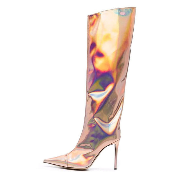 Metallic Pointed Toe Patent Leather Knee High Stiletto Boots - Champagne