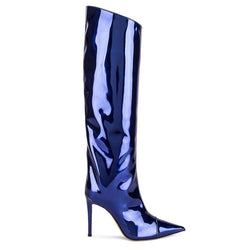 Metallic Pointed Toe Patent Leather Knee High Stiletto Boots - Dark Blue