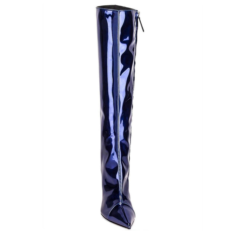 Metallic Pointed Toe Patent Leather Knee High Stiletto Boots - Dark Blue
