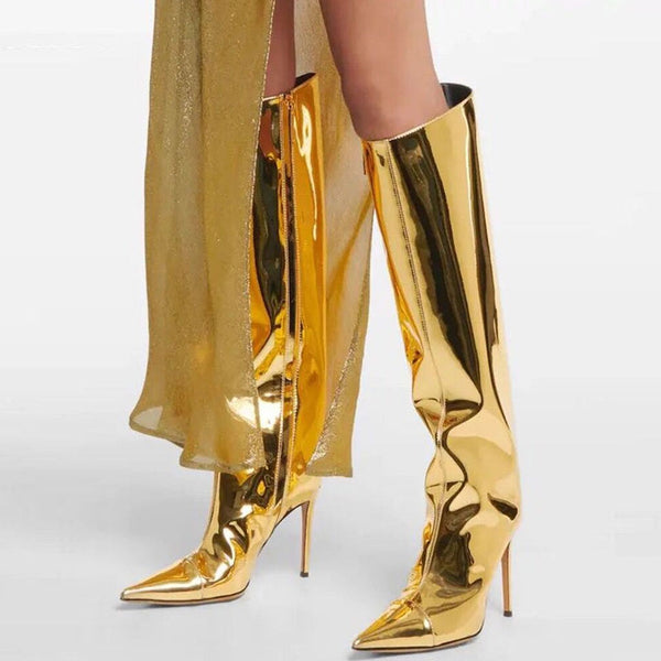 Metallic Pointed Toe Patent Leather Knee High Stiletto Boots - Gold