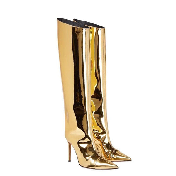 Metallic Pointed Toe Patent Leather Knee High Stiletto Boots - Gold