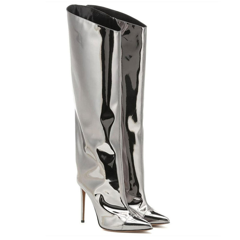 Metallic Pointed Toe Patent Leather Knee High Stiletto Boots - Silver
