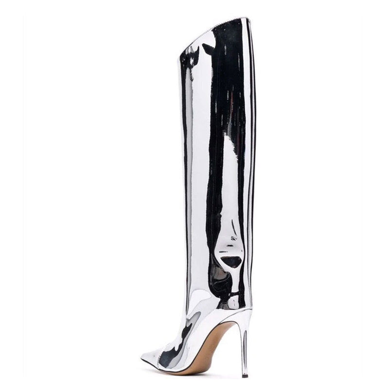 Metallic Pointed Toe Patent Leather Knee High Stiletto Boots - Silver