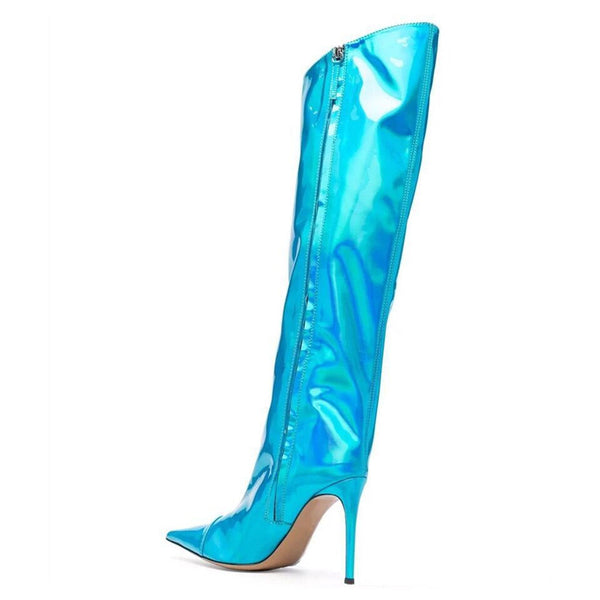Metallic Pointed Toe Patent Leather Knee High Stiletto Boots - Sky Blue