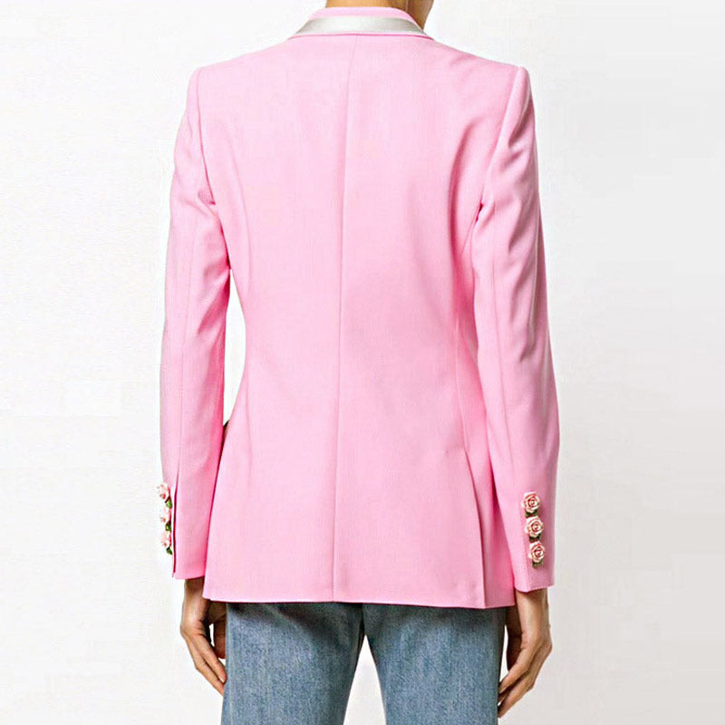Metallic Rose Button Collared Long Sleeve Slit Blazer - Pink