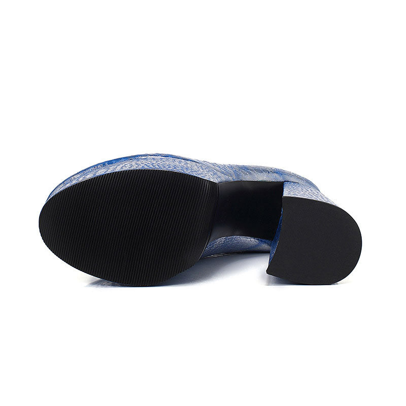 Metallic Round Toe Rock Textured Chunk Heel Platform Sandals - Blue