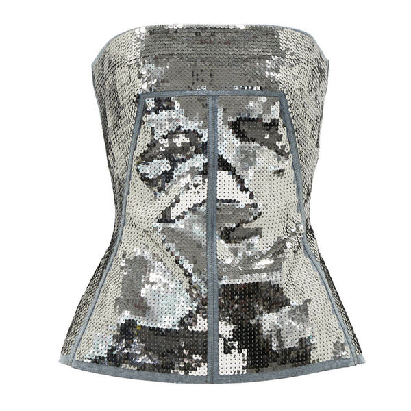 Metallic Sequin Embellished Sleeveless Denim Bustier Crop Top