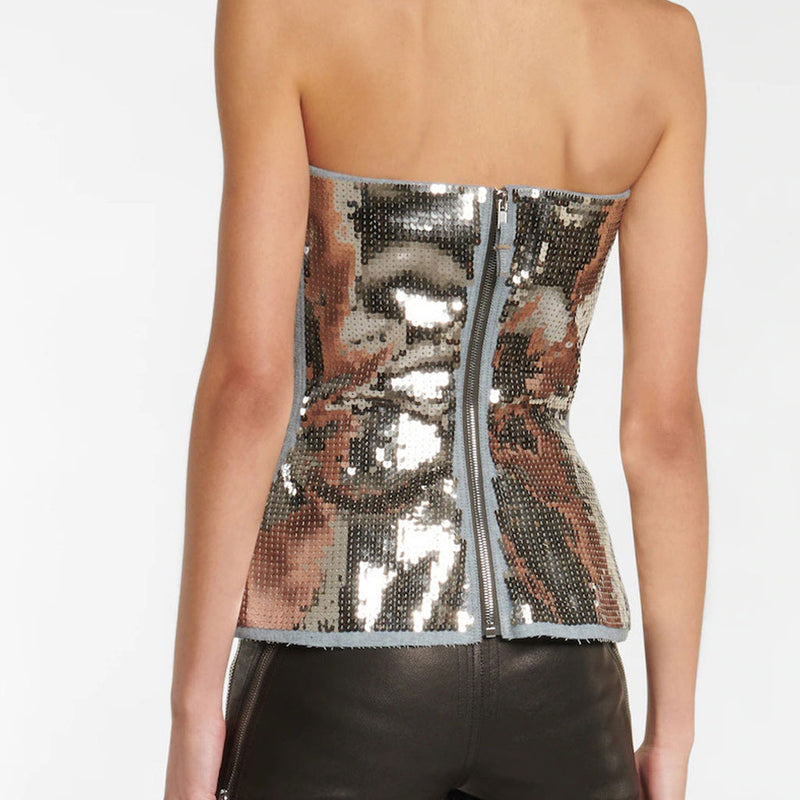 Metallic Sequin Embellished Sleeveless Denim Bustier Crop Top – Luxedress