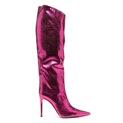 Metallic Snake Effect Pointed Toe Knee High Stiletto Boots - Fuchsia