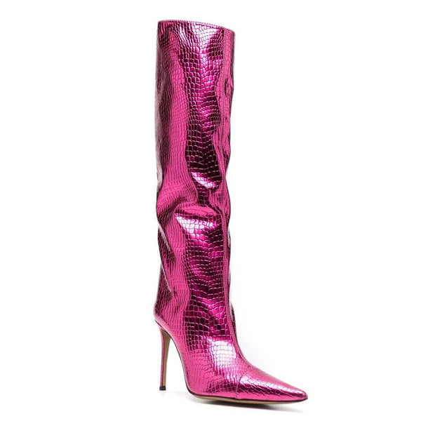 Metallic Snake Effect Pointed Toe Knee High Stiletto Boots - Fuchsia