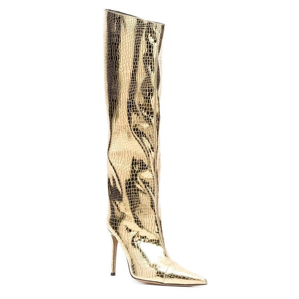 Metallic Snake Effect Pointed Toe Knee High Stiletto Boots - Gold