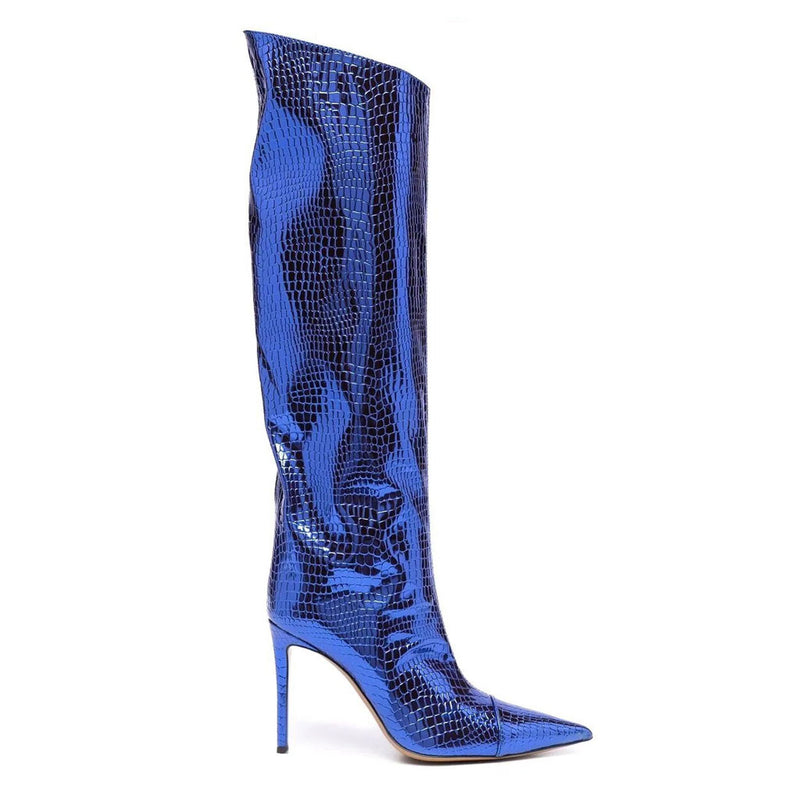 Metallic Snake Effect Pointed Toe Knee High Stiletto Boots - Klein Blue