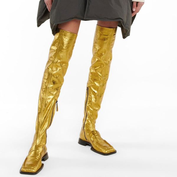 Metallic Square Toe Over Knee Chunky Low Heeled Boots - Gold