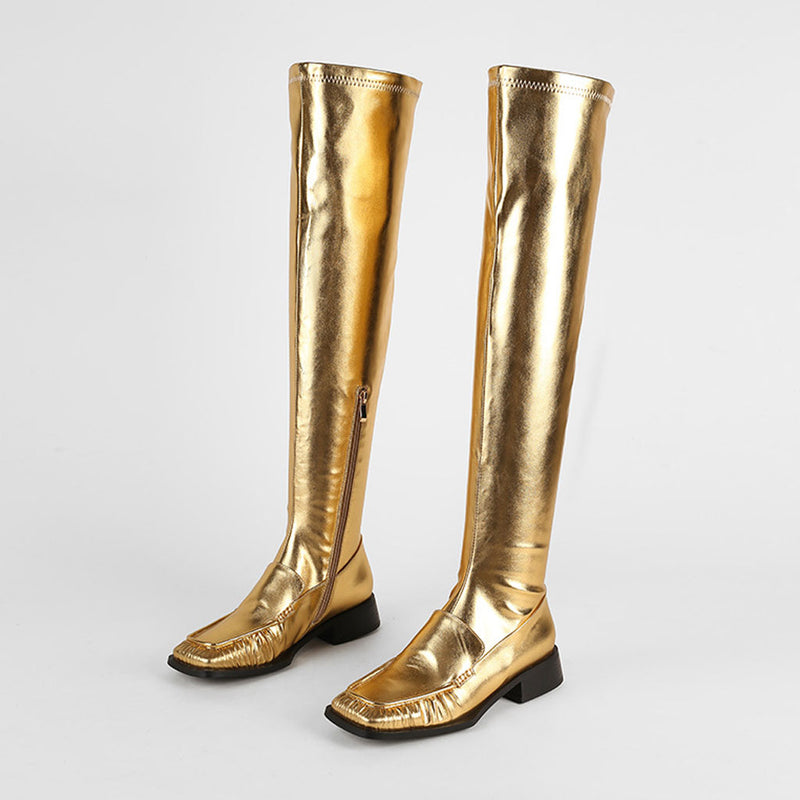 Metallic Square Toe Over Knee Chunky Low Heeled Boots - Gold