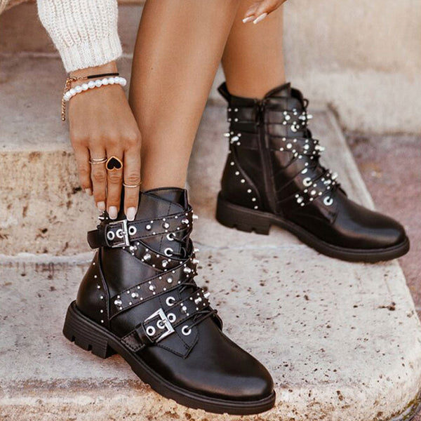 Metallic Studded Buckle Strap Round Toe Biker Boots - Black