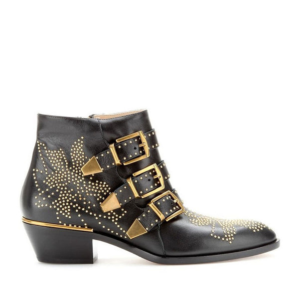 Metallic Studded Buckle Strappy Pointed Toe Ankle Boots - Black