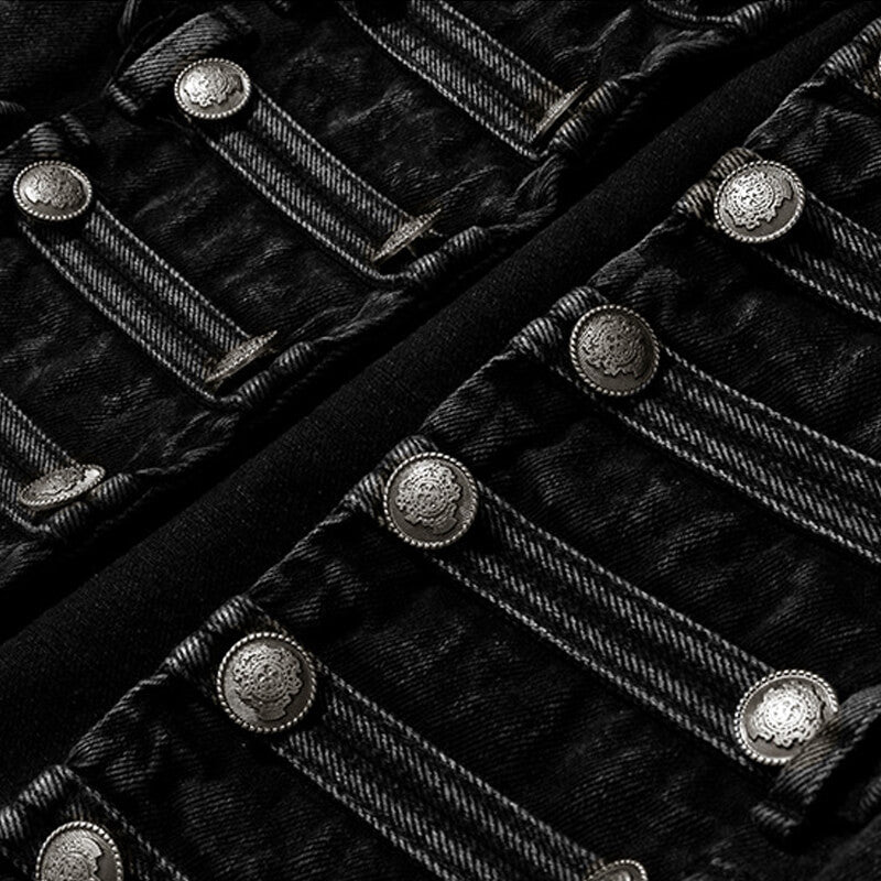 Military Metal Hardware Stand Collar Long Sleeve Open Front Crop Denim Jacket