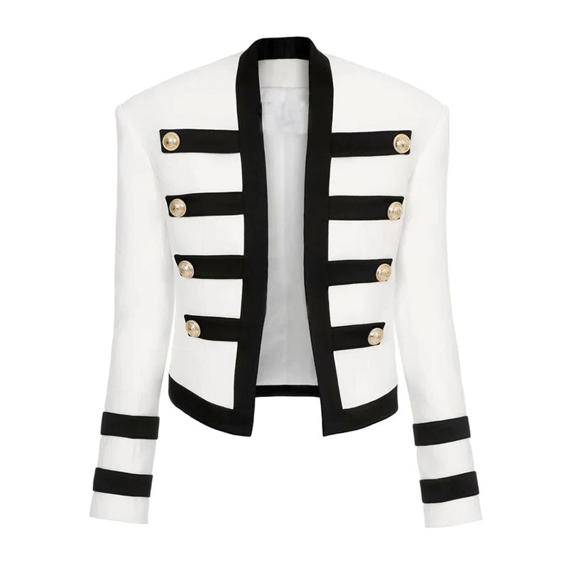 Military Style Gold Button Detail Contrast Striped Open Front Tailored Blazer