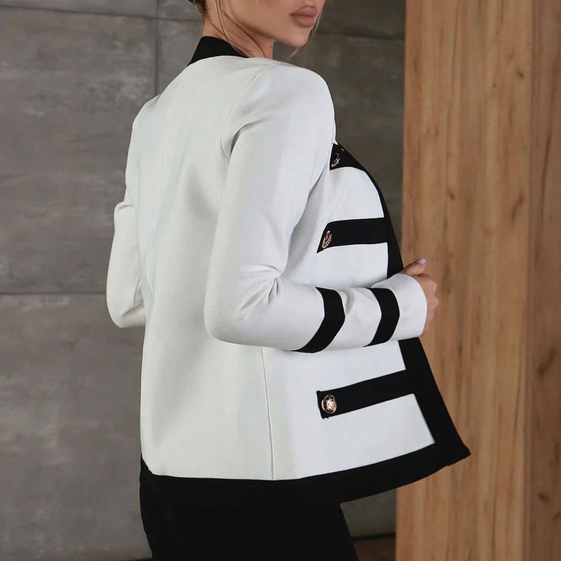 Military Style Gold Button Detail Contrast Striped Open Front Tailored Blazer