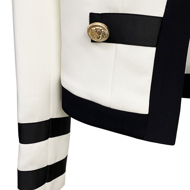 Military Style Gold Button Detail Contrast Striped Open Front Tailored Blazer