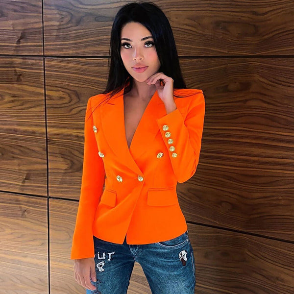 Minimal Double-Breasted Long Sleeve Collared Blazer - Neon Orange