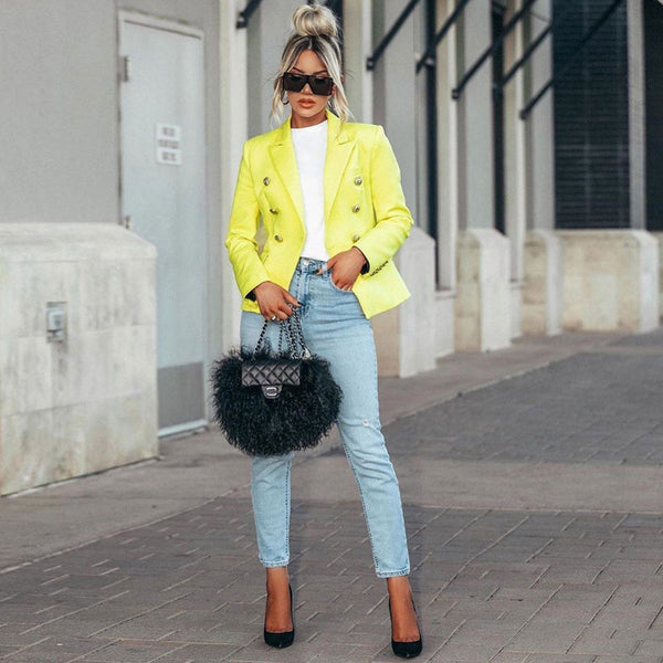 Minimal Double-Breasted Long Sleeve Collared Blazer - Neon Yellow