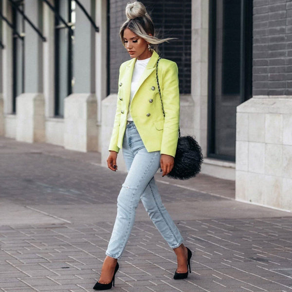 Minimal Double-Breasted Long Sleeve Collared Blazer - Neon Yellow