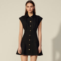 Minimalist Dolman Sleeve Collared Button Down Mini Shirt Dress - Black