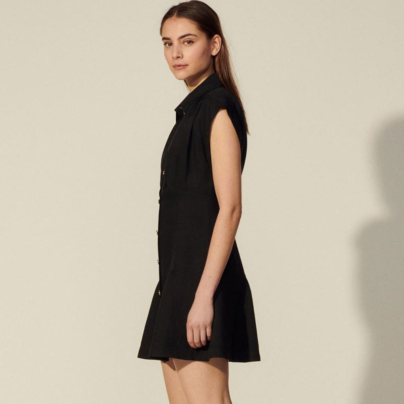Minimalist Dolman Sleeve Collared Button Down Mini Shirt Dress - Black